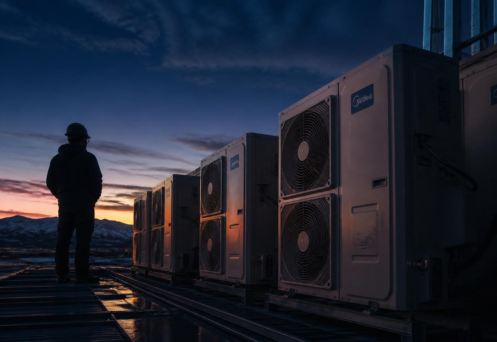 Instalación de equipos de climatización en la Patagonia al atardecer